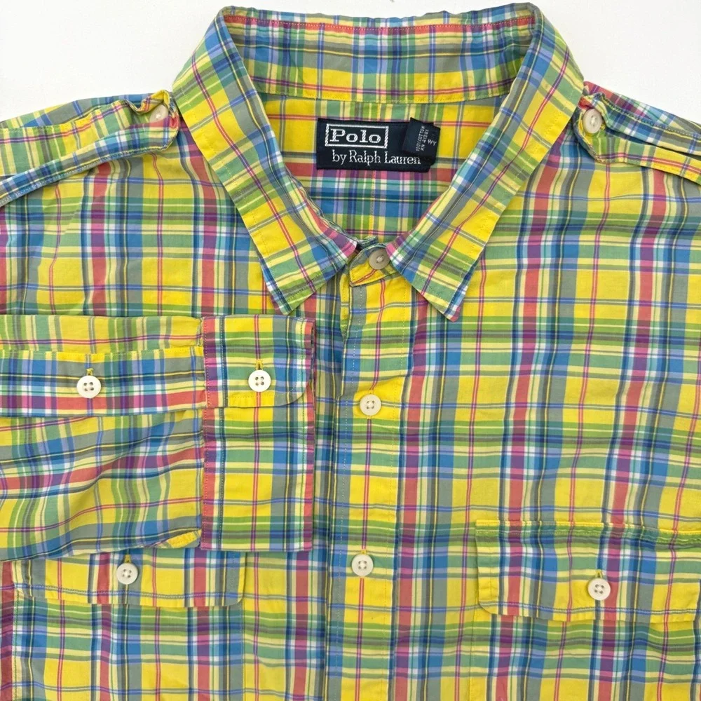Polo Ralph Lauren Shirt Mens XXL Yellow Multi Plaid Madras Safari Button Up FLAW